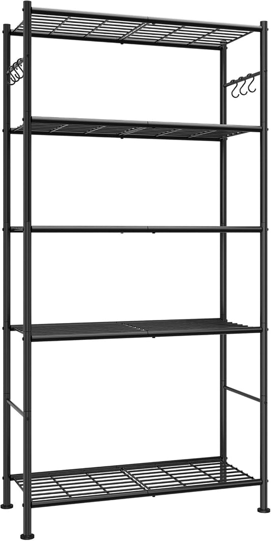 Sakugi Storage Shelves - 5-Tier Spacious Shelf Organizer with Hooks & Leveling Feet, Easy to Assemble, Rust-Resistant Garage Shelving for Kitchen, Pantry, Bedroom, 33.2" x 12.7" x 71.7", Black