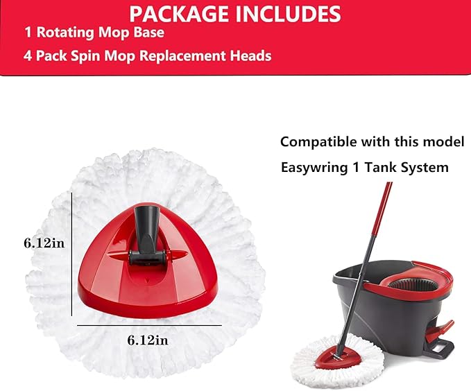 FOOKCIAN Spin Mop Replacement Set - 4 Microfiber Heads, Base, 30-58'' Handle Compatible with OCedar EasyWring - White (1 Can System)