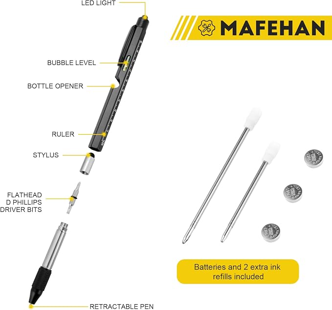 MAFEHAN 9-in-1 Multitool Pen, Gifts for Men Dad Husband Grandpa | LED tool pen gifts for men who have everything; aluminum EDC pen for writing, measuring, fixing and touchscreens.