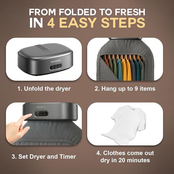 MOJOCO Portable Clothes Dryer - Mini/Compact Dryer for Apartment, RV, Travel - Small Quiet Fast-Drying Machine with Adjustable Timer & Hassle-Free Setup