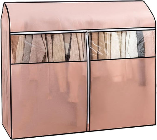 Clothing Rack Cover, Hanger Covers, Non-Woven with 3 Way Zipper, Large Transparent Window, Top Seal for Single Pole Clothes Drying Rack(Pink,60x50x120cm/24x20x47in)