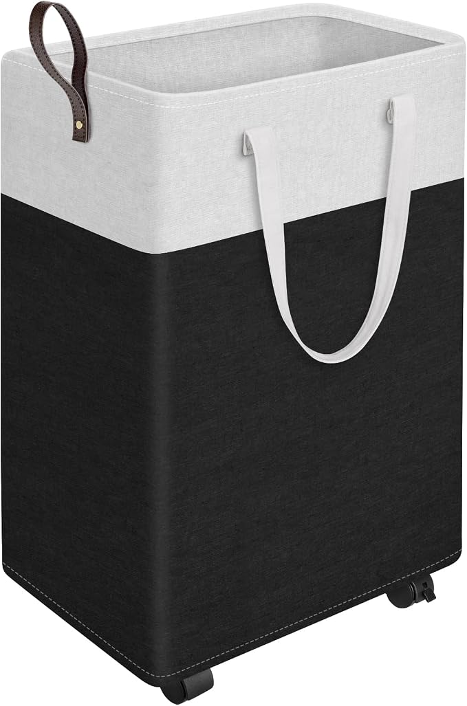 HomeHacks 90L Rolling Laundry Basket with 4 Wheels Collapsible Black | 4 Wheels, Waterproof PEVA Lining, Cotton Flax Fabric, Metal Frame, Bathroom Laundry Room Dorm Storage, Space-Saving Design