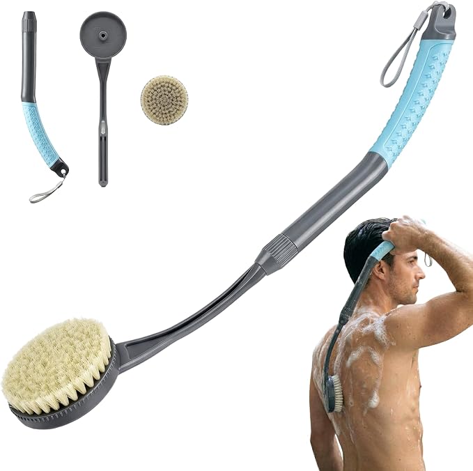 Gobiteli Back Scrubber for Shower, Long Handle Exfoliating Shower Brush for Body for Deep Cleaning, Back Brush for Shower for Men Women(Blue)