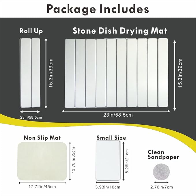 Large Stone Drying Mat for Kitchen Counter, 24"x16" Fast-Drying Super-Absorbent Diatomaceous Dish Drying Mat, Collapsible Dish Drying Stone for Dishes, Bottles, Cups, Any Countertop