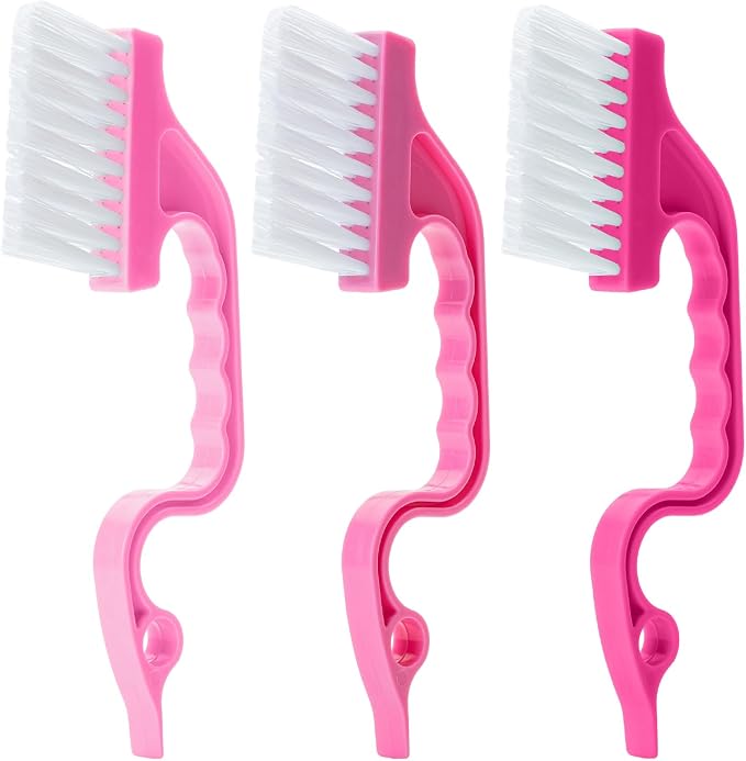 Slick- Window Track Cleaning Brush, 3 Pack, Shades of Pink, Ergonomic Handle, Built-in Scraper, Multipurpose Window Track Cleaning Tools for Faucets, Shower Heads and Drains