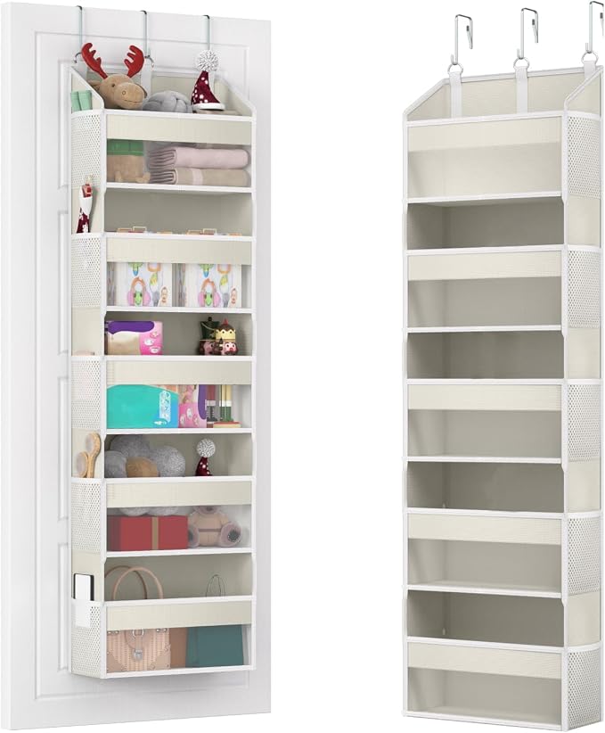 Over the Door Organizer with 5 Front & 10 Mesh Side Pockets, Versatile 5 Shelf Hanging Door Organizer 50lb Capacity Extra Large Storage Space-Saving with 3 Hook for Closet, Kitchen, Pantry, Beige