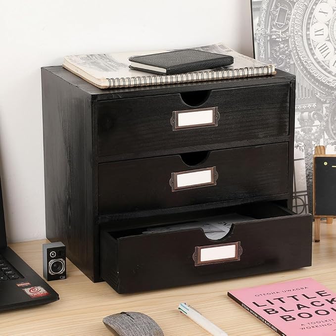 Large Wooden Drawers Wooden Box with Drawer Black | 3 Drawer Storage Box for Apothecary Cabinet, Apothecary Drawers，Desktop Organizer with Metal Handles for Office，Home