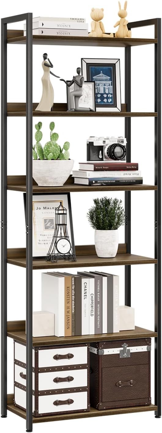 NUMENN Bookshelf, 6 Tier Freestanding Shelving Unit, Dark Walnut | Metal Frame & Wood Shelves, Falling Prevention Baffle, Open Storage Bookcase for Bedroom, Living Room & Home Office