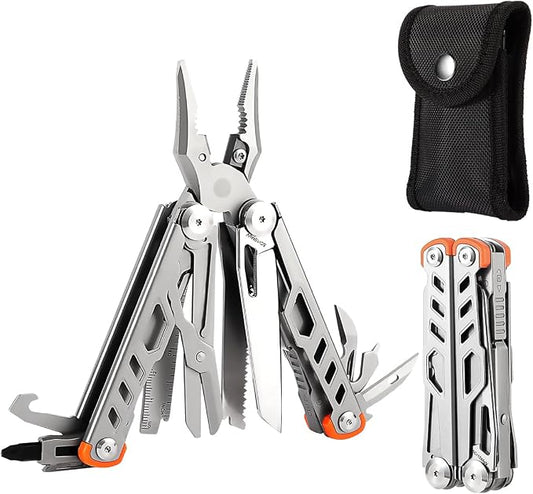 Strong 15-in-1 Multitool Pliers with Sheath, Stainless Steel, Grey | Folding Multi Tool, Needle Nose Pliers & Wire Cutters, Knife, Saw, Screwdrivers, Bottle Opener, EDC Pocket Knife