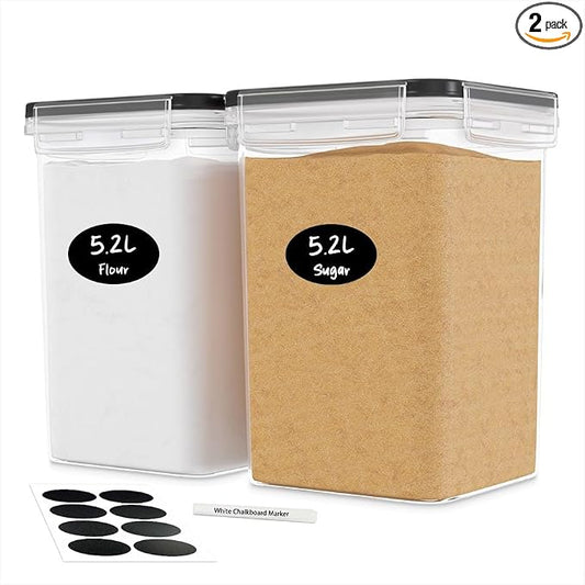 DWËLLZA KITCHEN Large Flour Sugar Storage Containers Set of 2; 175 FL. oz - 5.2L Plastic Airtight Food Storage Containers with Lids for Kitchen Pantry Organization - Food Containers, Labels & Marker