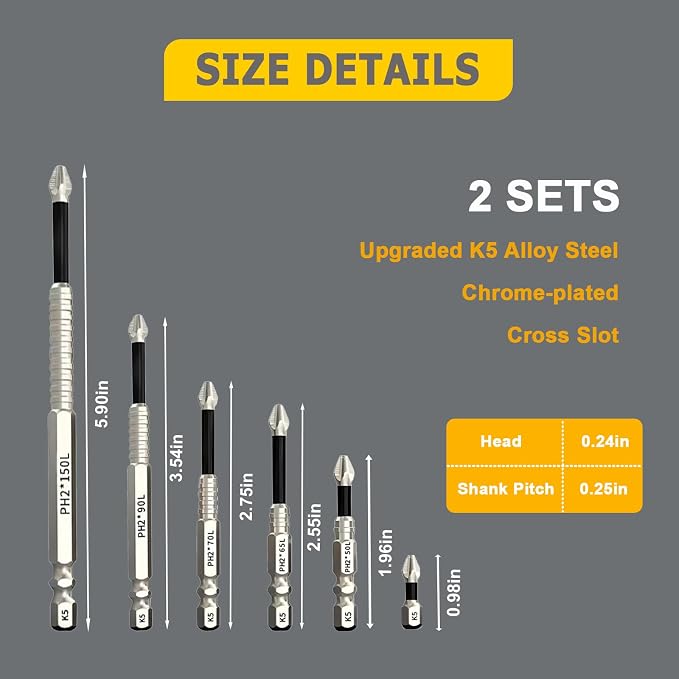 High Magnetic Screwdriver Drill Bit Set, 12Pcs Magfixer New K5 Impact Resistant Non Slip Bit, Magnetic Screwdriver Bits, Fixion Tools Drill Bits, 25 50 65 70 90 150mm(2 sets)