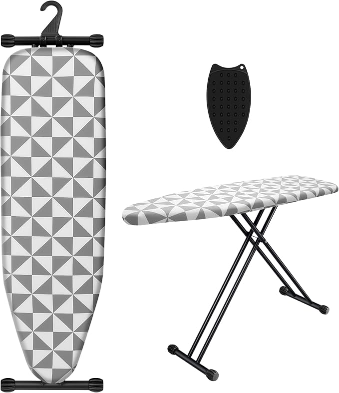 UFETGYG Ironing Board with Silicone Iron Rest pad,Extra Thick Cover,14x54 Compact and Space Saver Iron Board, Height Adjustable,Stable Structure, Easy to Fold, Gray and White
