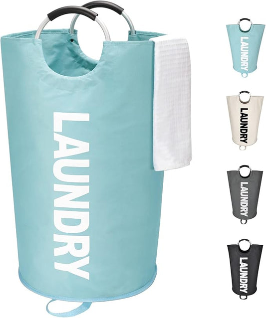Maxsilan 90L Large Laundry Basket Bag, Collapsible Tall Hamper, Light Blue | Freestanding tall laundry bag & foldable washing basket. Extra large clothes storage bin with durable sturdy handles