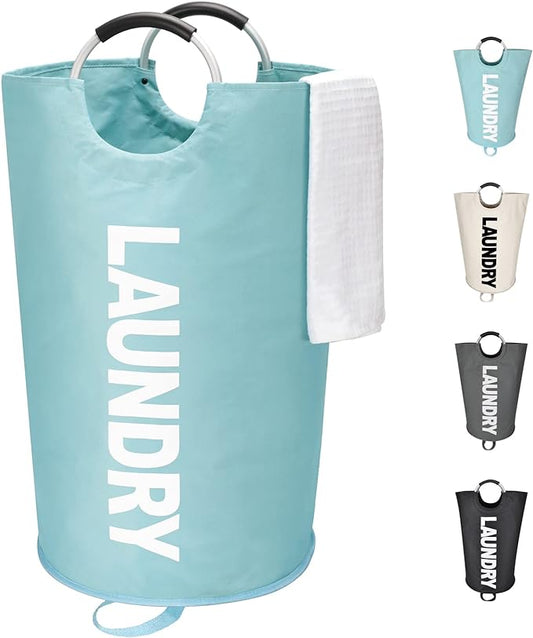 Maxsilan 125L X-Large Laundry Basket Bag, Collapsible Hamper, Light Blue | Freestanding tall laundry bag & foldable washing basket. Large capacity clothes storage bin with durable sturdy handles