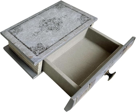 Vintage Book Storage Box with Drawer, Distressed Gray Faux Leather Cover with Ornate Baroque Design, Hidden Organizer for Jewelry or Office Bookshelf Decor 7″ x 5″ x 1.6″