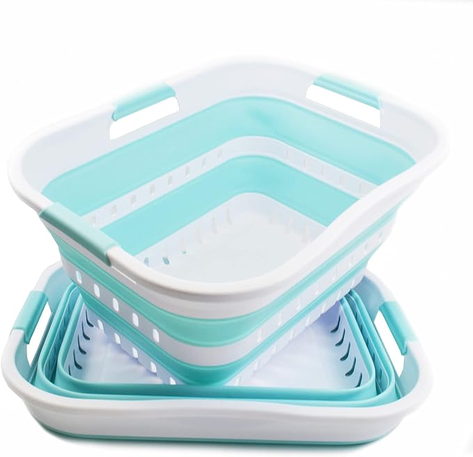 SAMMART Set of 2-30L (8 gallon) Collapsible Plastic Laundry Basket - Foldable Pop Up Storage Container/Organizer - Space Saving Hamper/Basket (2, White/Lake Green)