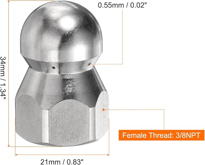 HARFINGTON Pressure Washer Sewer Nozzle 3/8" NPT Orifice 5000 PSI Stainless Steel Drain Blaster Rotating Button Nose Fixed Cleaning Water Hose Jet for Drain Cleaning Hose