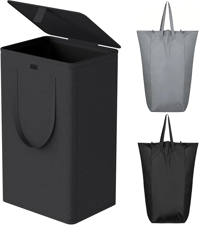 WOWLIVE 100L Black Laundry Hamper with Lid, Dirty Laundry Basket for Dorm | Tall Collapsible Dirty Clothes Hamper with 2 Removable Bags and Handles for Laundry Room, College Dorm