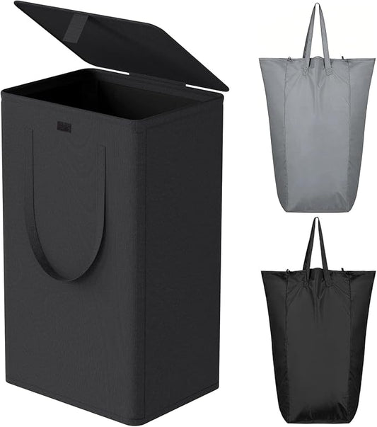 WOWLIVE 100L Black Laundry Hamper with Lid, Dirty Laundry Basket for Dorm | Tall Collapsible Dirty Clothes Hamper with 2 Removable Bags and Handles for Laundry Room, College Dorm
