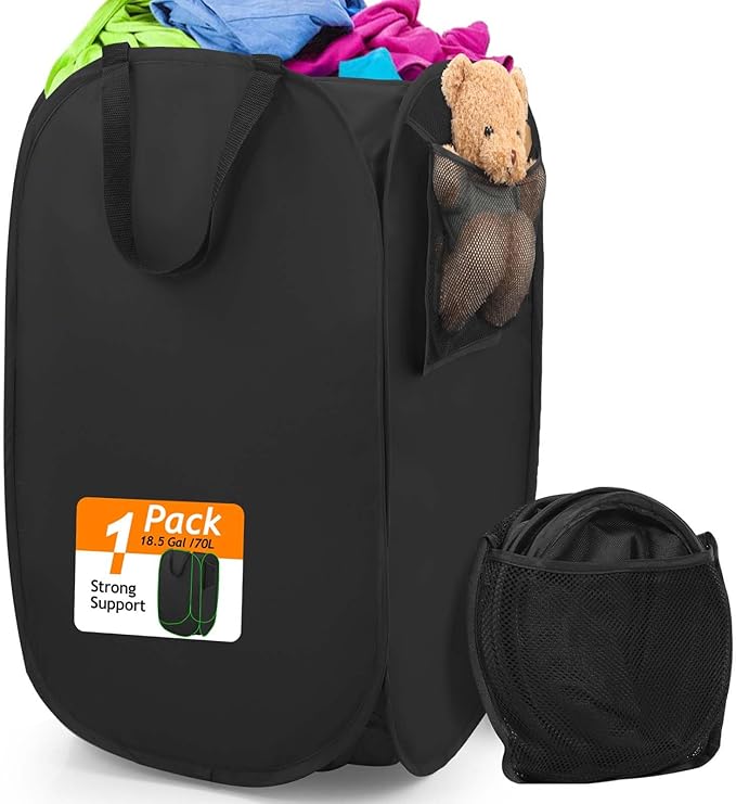 House Again Upgraded Polyester Pop-up Laundry Hamper, 70L (18.5 Gal) Laundry Basket with Durable Handles, Solid Bottom, High Carbon Steel Frame and Side Pocket, Easy to Open and Fold Flat for Storage