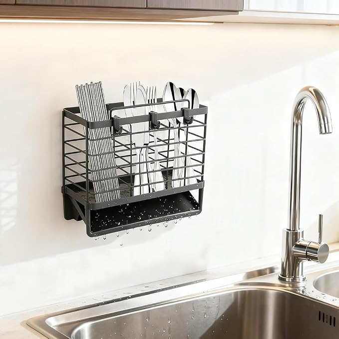 3-Compartment Dish Drying Rack for Kitchen, Carbon Steel Utensil Holder with Drain Tray, Utensil Caddy Organizer for Knives, Forks, Spoons, Chopsticks, Wall Mount or Countertop (Charcoal Grey)