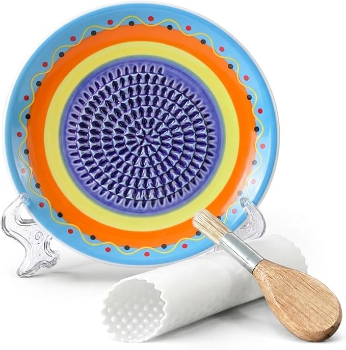 Handcrafted Ceramic Garlic Grater Plate 4-Pc Set, 4.72" Handmade Porcelain Grinding Dish with Wooden Boar Bristle Brush & Textured Silicone Peeler, Multicolor Spanish Wave