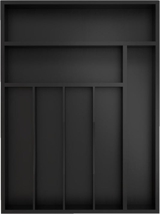 Bamboo Silverware Organizer, Kitchen Drawer Organizer, Utensil Holder, Cutlery Tray & Spoon Flatware Storage with Grooved Drawer Dividers (Black, 12.5''W x 16.5''D)