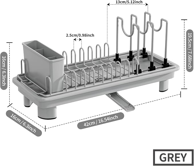 Compact Dish Drying Rack with Utensil Holder – Small Countertop Dish Drainer with 360° Rotating Drain Spout, Stainless Steel Dish Rack for Kitchen Sink, Space-Saving Design for Small Kitchen , Grey
