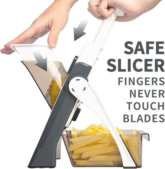 ONCE FOR ALL Safe Mandoline Slicer 5 in 1 Vegetable Chopper Food Potato Cutter, Strips Julienne Dicer Adjustable Thickness 0.1-8 mm Kitchen Chopping Artifact Fast Meal Prep (Gray)