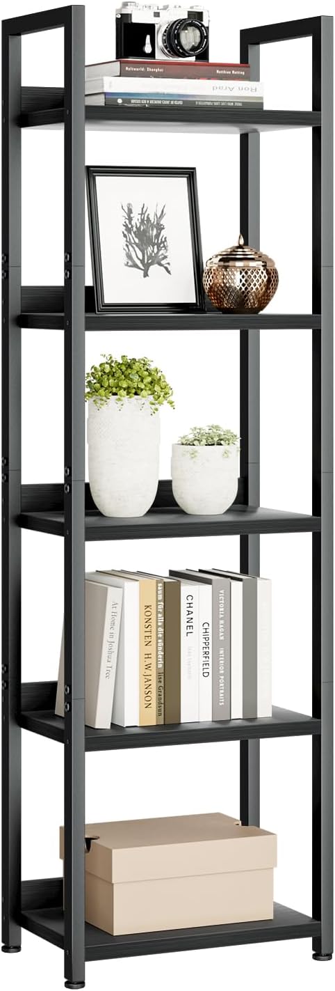 NUMENN Narrow Bookshelf, 5 Tier Bookshelves, Home Office Bookcase Shelf Storage Organizer, Free Standing Storage Shelving Unit for Bedroom, Living Room and Home Office, Black | Metal Frame & Wood Shelves, Falling Prevention Baffle, Open Storage Bookcas...