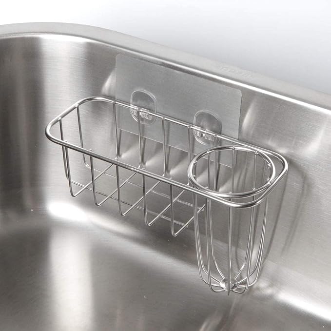 HULISEN 3-in-1 Sponge Holder for Kitchen Sink with Dish Brush Holder, Stainless Steel Caddy for Soap, Scrubber, No Drill and Rustproof, Silver