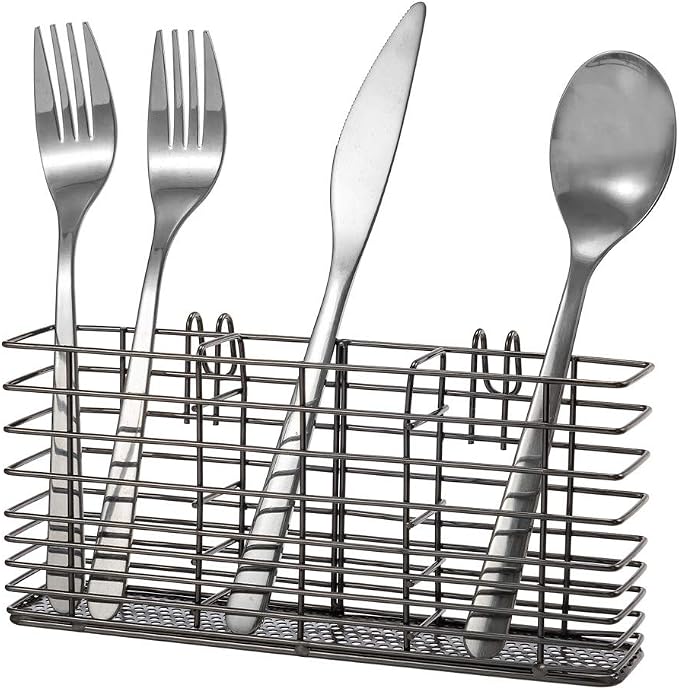 SANNO Stainless Steel Utensil Drying Rack and Cutlery Organizer With Hooks - Removable Silverware Holder, Black