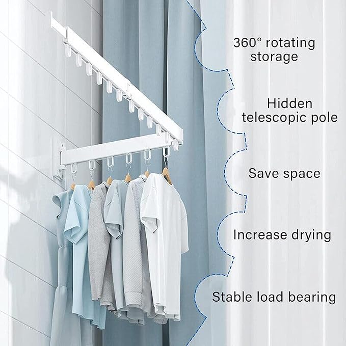 HYGRAD BUILT TO SURVIVE Clothes Drying Rack Wall Mounted Clothes Drying Airer Rack, Retractable Fold Away Laundry Drying Rack Outdoor & Indoor Neat Formal Drying Rack (Three Rod - 114cm Long (WHITE))