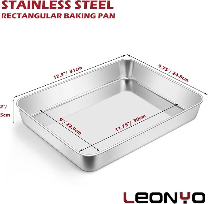 Leonyo Stainless Steel Baking Pans Set of 4, 12⅓ x 9¾ x 2 Inch Cake Pan, Nonstick & Heavy Duty, Deep Rectangular Lasagna Pan Sheet Bakeware for Focaccia, Bread, Brownies, Casseroles Dish