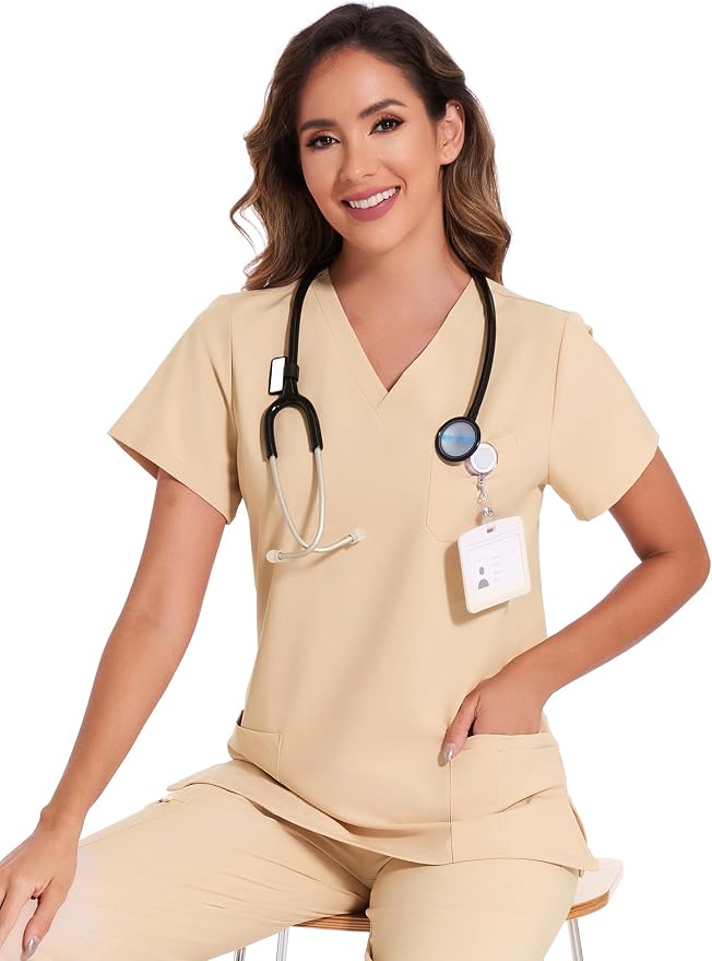 Scrubs Tops for Woman - Soft Stretch, V-Neck Tops | 3 Pockets, Side Split Design, Short Sleeve, Breathable & Lightweight Nursing Shirt, Easy-Care Fabric for All-Day Comfort