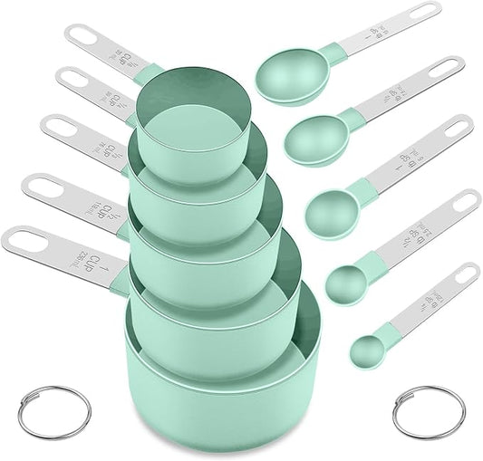 Measuring Cups and Spoons Set, 10 Pieces Nesting Measure Cups and Spoons, Kitchen Essentials Gadgets with Stainless Steel Handle for Dry & Liquid Ingredient (Lake Green 10 Pcs)