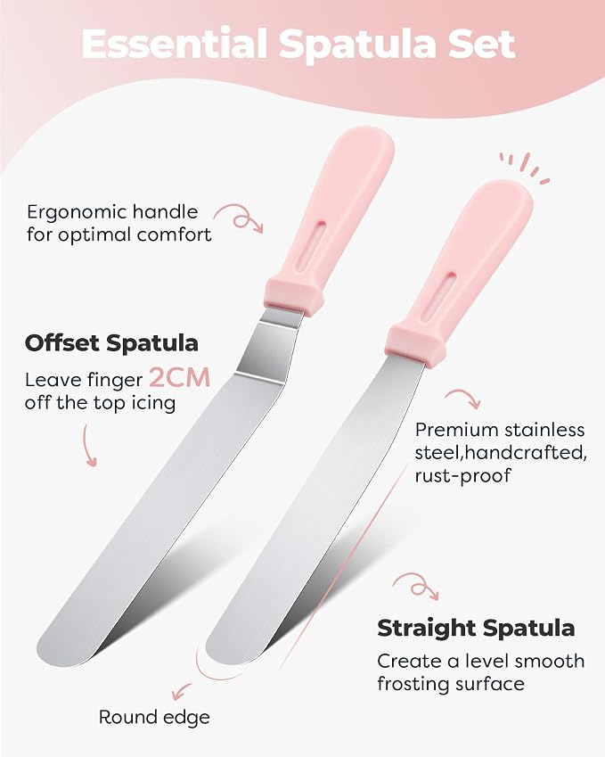 Kootek Cake Decorating Kit Baking Supplies Set Cake Turntable with 2 Frosting Straight Angled Spatula 3 Icing Smoother Scrapers Baking Accessories Tools for Beginners and Pros Mother's Day, Light Pink