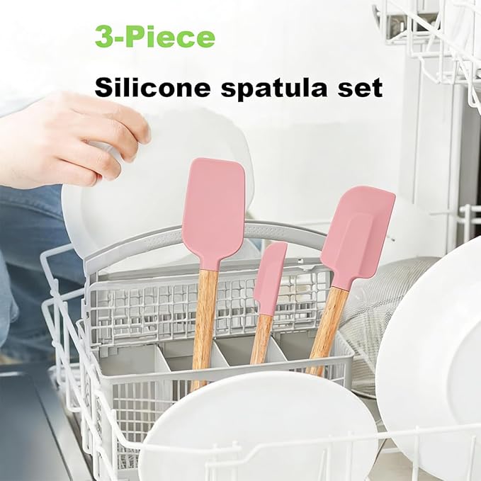 3-Piece Heat Resistant Silicone Spatula Set for Baking - Wooden Handle Spatula Baking Spatula, Non-Stick for Cooking, Mixing, Frosting & Jams (pink)