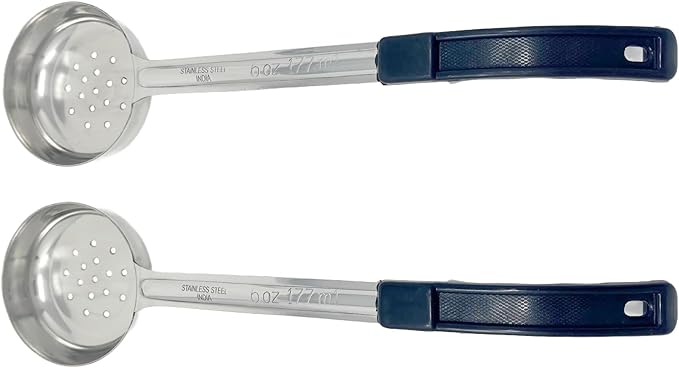 Generic 2 Pack - 6 oz. Slotted Portion Control Scoops, Spoodles - Black Handle Perforated Food Serving Spoon, Single Knife, Silver, MCP06EP