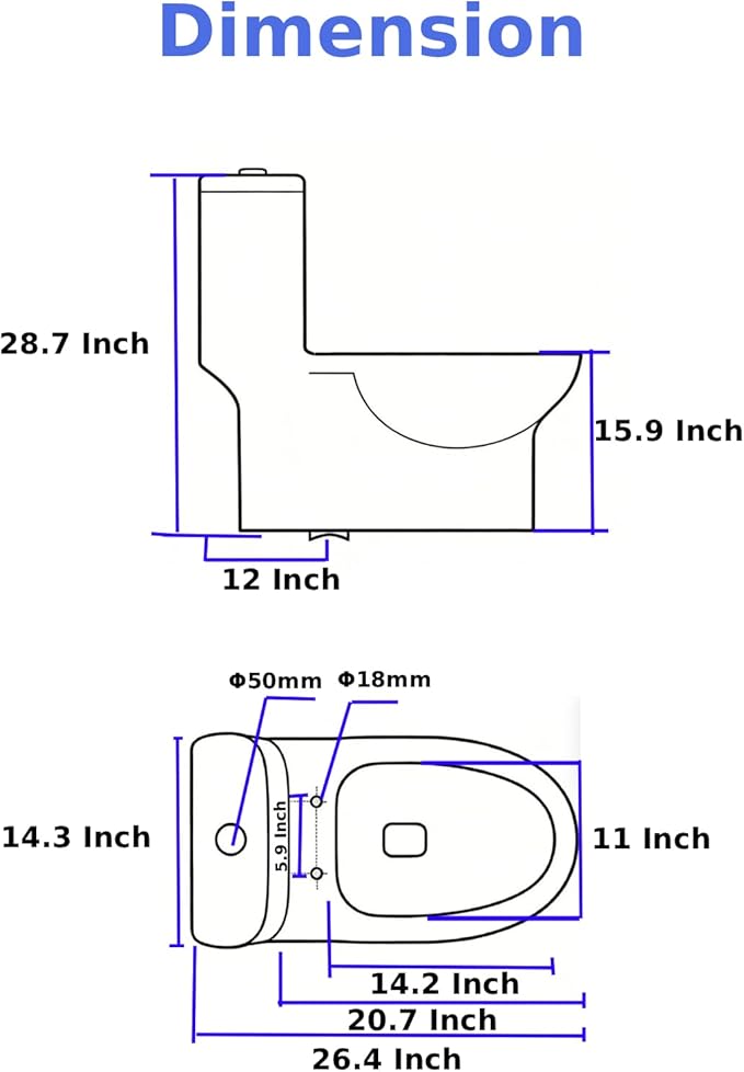 One Piece Toilet 12'' Rough Inch - White Ceramic Compact Toilets with 15.9" Soft Close Chair Seat 1.1/1.6 GPF Water Saving Dual Flush High Efficiency Easy to Clean 14.3''x26.3''x28.6''