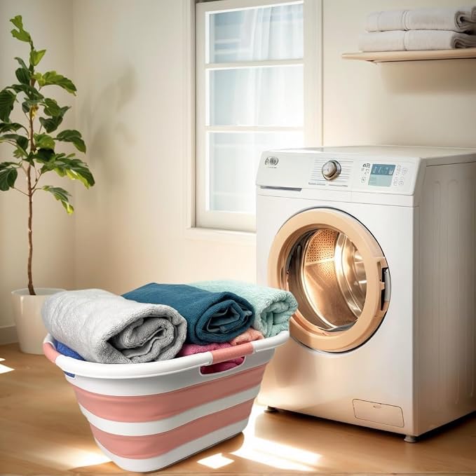 SAMMART 40L (10.5 gallon) Collapsible Plastic Laundry Hamper - Foldable Pop Up Storage Container/Organizer - Portable Washing Tub - Space Saving Basket (1, White/Quartz Pink)