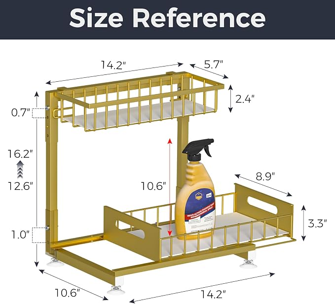 Saydear 2-Pack L-Shaped Under Sink Organizer, 2-Tier Pull-out Cabinet Rack | Gold Height-Adjustable Steel Rack, Sliding Grid Drawers with PP Liners, Holds 100 Lbs, Suction Base, Ideal Kitchen Storage