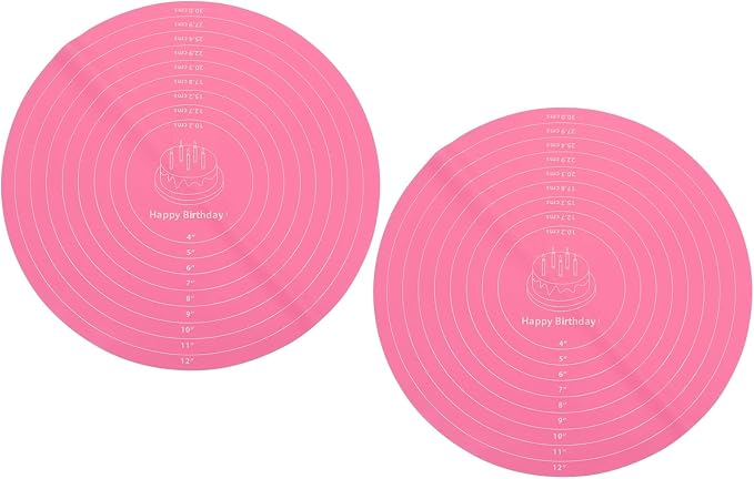 2Pcs 12 Inch Round Silicone Cake Mat with Measurements, Non-Stick Baking Mat for Cake Turntable, Dough Rolling, Cookies & Pizza, Heat Resistant Reusable Pastry Pad(Pink)