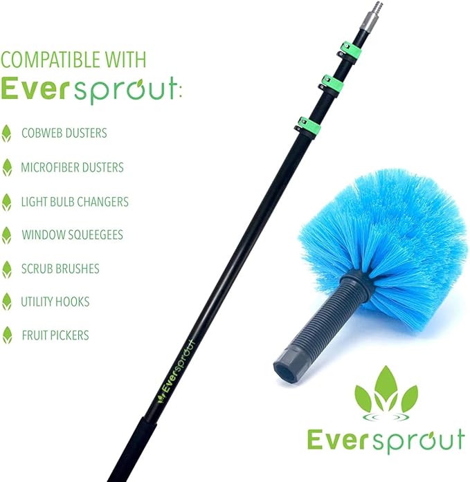 EVERSPROUT Cobweb Duster & 1.5 to 3 ft Pole, Indoor & Outdoor | Medium-Stiff Bristles, for Ceilings, Walls, Corners, Beams, Shelves, Window Screens and more, Lightweight, 3/4" Acme thread