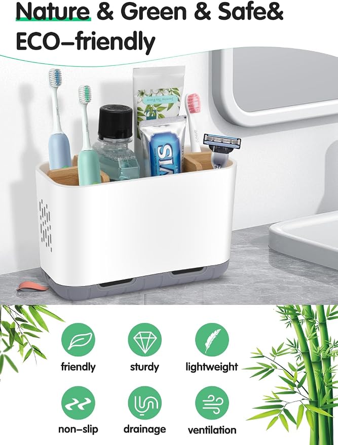 GFWARE Toothbrush Holders for Bathrooms - Bamboo Divider Toothbrush and Toothpaste Holder with Drainage, Kids Electric Toothbrush Organizer for Bathroom Countertop, White Tooth Brush Holder
