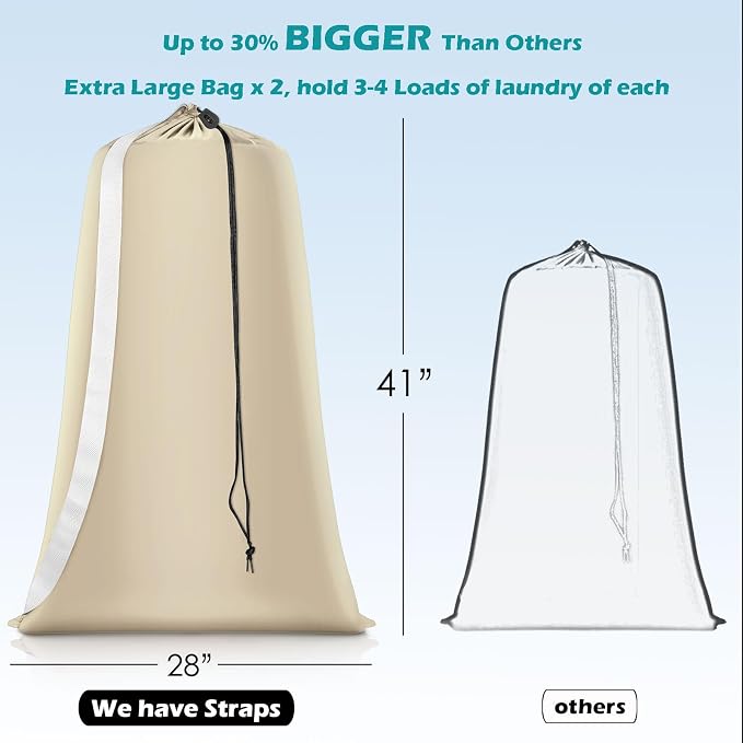Coomee Heavy Duty Laundry Bag, 2 Pack XL Nylon Laundry Bags with Straps | Extra Large Laundry Bags, Drawstring Closure, Washable Large Dirty Clothes Organizer, Travel Bag Fits a Laundry Hamper
