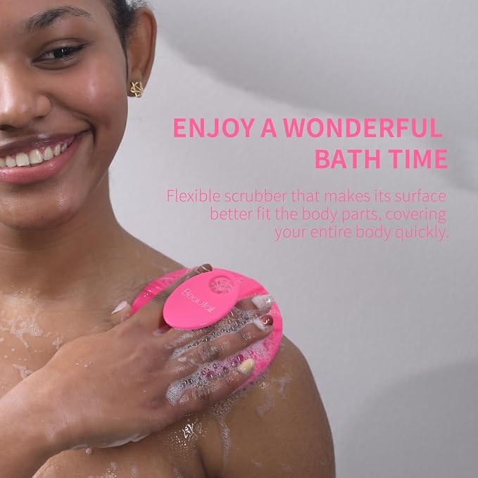 Silicone Body Scrubber, BEAUTAIL Gentle Exfoliating Shower Brush for Body | Hygienic Silicone Loofah, Easy-Grip Handle, Soft Bath Scrubber for Sensitive Skin, Women, Men & Kids, 2 Pack, Blue+Rose