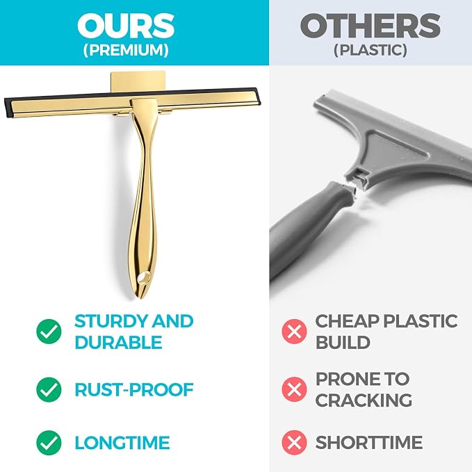 ALFLOD 2pcs Shower Squeegee for Glass Doors with Adhesive Hanging Hook Set | 10” gold, bathroom accessories, window cleaner, new home essentials, soft rubber blade, metal handle, ergonomic grip