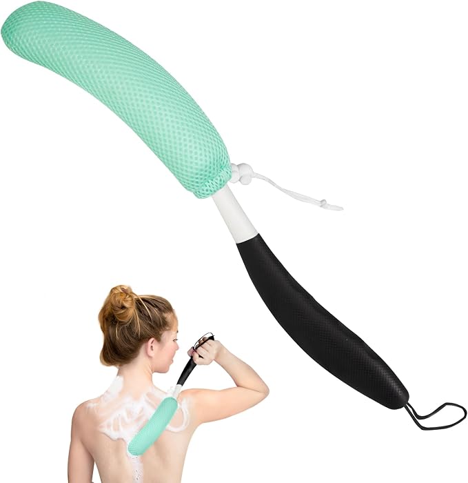 Back Scrubber for Shower, 15.35" Long Handle Shower Brush for Body, Back Brush for Shower for Men Women, Long Handled Bath Sponge for Deep Clean, Exfoliating, Anti-Slip Curve Handled Back Scrubber