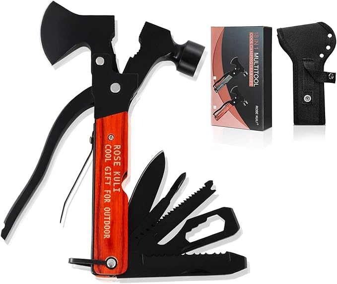 Camping Multitool Axe Hammer, 18 in 1 Multitool Hatchet | Mini Tools with Axe Hammer Plier Set Wooden Handle for Camping Hiking Outdoor Survival Gear Kit, Gift for Men Dad